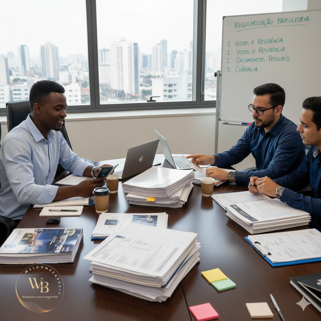 Equipe de assessoria migratória trabalhando com documentos e passaportes